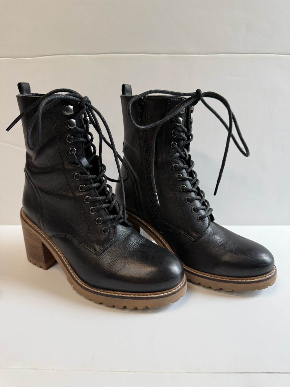 Journee Collection Black Lace-Up Block Heel Ankle Boots with Tan Lug Sole